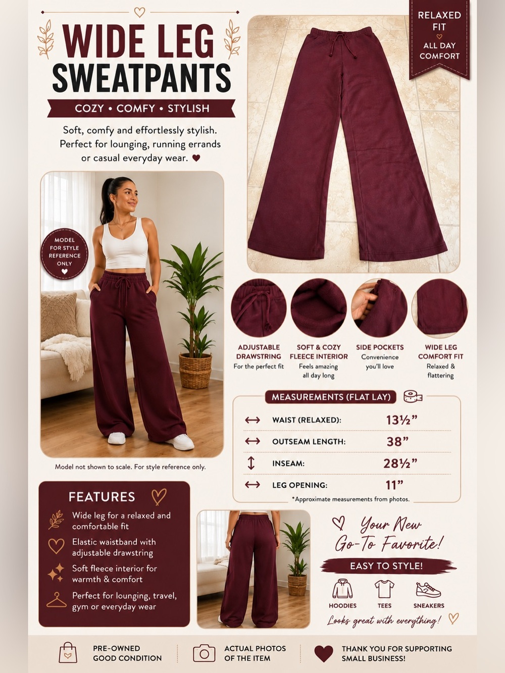 Wide-Leg Sweatpants - Burgundy